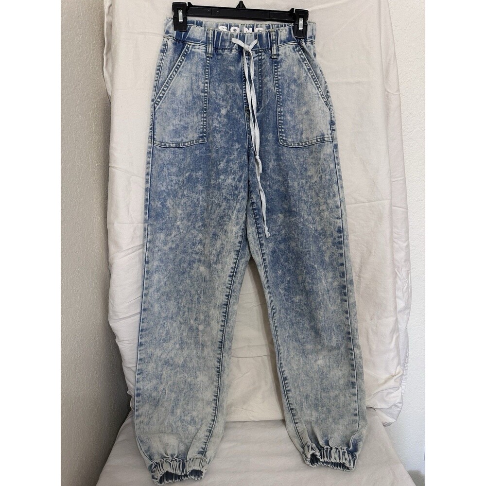 S.O.N.G. Acid Wash grunge Drawstring Women's Denim Jeans Light Blue Elastic Wst - Picture 5 of 8